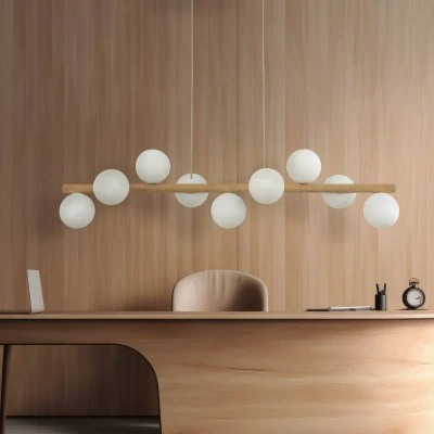 Image of TK Lighting Estera pendant light, opal glass, wood, 9 bulb