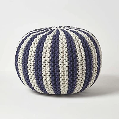 Image of HOMESCAPES Large Off White and Navy Knitted Pouffe 100% Cotton Round Bean Filled Striped Footstool 50 x 40 cm