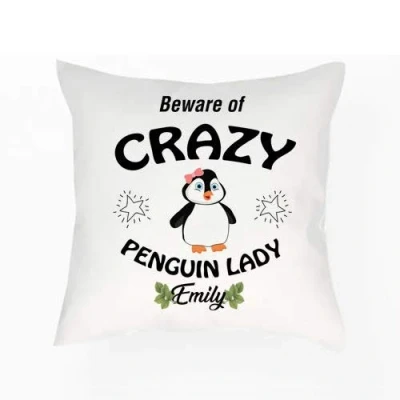 Image of Getagift Personalised Beware Of Crazy Penguin Lady Themed Funny Cushion Cover, Throw Pillow Cover. (Satin 40 X CM) (Cushion Cover Satin)