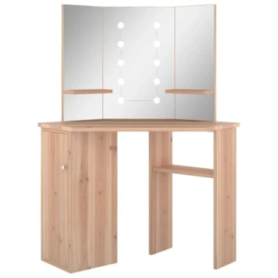 Image of vidaXL Modern Corner Dressing Table with LED Bulbs and 3 Panel Mirror, Ample Storage Space, Oak Coloured Constructed from Quality MDF Bedroom Vanity Set