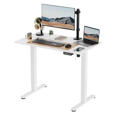 Image of VonHaus Electric Standing Desk, Height Adjustable Sit Stand Desk w/Anti Collision &amp; Preset Technology, Cable Management USB C Charging, 100x60cm, Two Piece White Desktop Frame