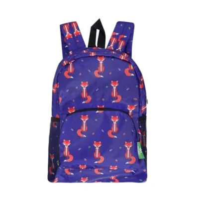 Image of ECO CHIC Lightweight Foldable Water Resistant Mini Backpack Folds Into Pouch for Storage (Foxes Navy)