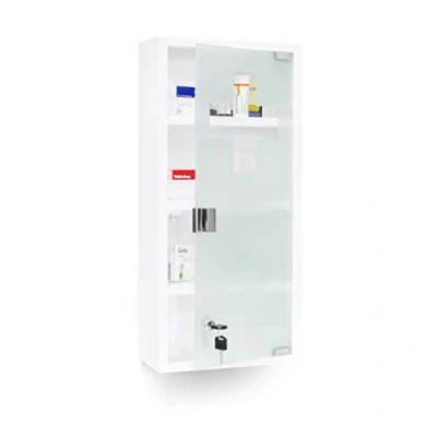 Image of Relaxdays EMERGENCY XXL Medicine Cabinet, 57 x 27 12 cm, With 4 Shelves And 2 Keys, Metal, Magnetic Door, Child Proof, White