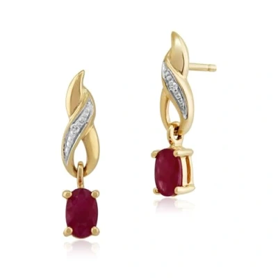 Image of Gemondo 9ct Yellow Gold Oval Ruby Classic Drop Earrings With Diamond