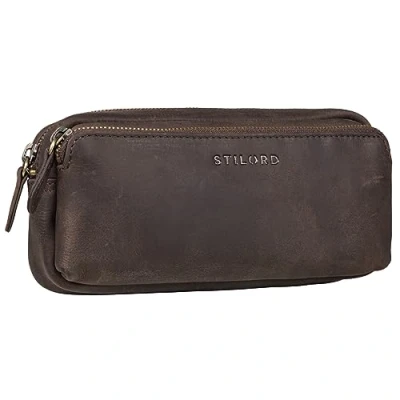 Image of STILORD &#039;Melissa&#039; Large Pencil Case Vintage Leather Pouch Pen Ideal as Bag Organiser Make Up in Genuine Leather, Colour:Dark Brown