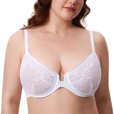 Image of Delimira Women&#039;s Front Fastening Bras Lace Unlined Full Coverage Plus Size Sheer Plunge Underwire Bra White 40C
