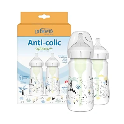 Image of Dr. Brown’s Natural Flow Anti Colic Options+ Wide Neck Baby Bottle Designer Edition Bottles, Dinosaur Decos, 9oz/270ml, Level 1 Teat, 2 Pack, 0m+