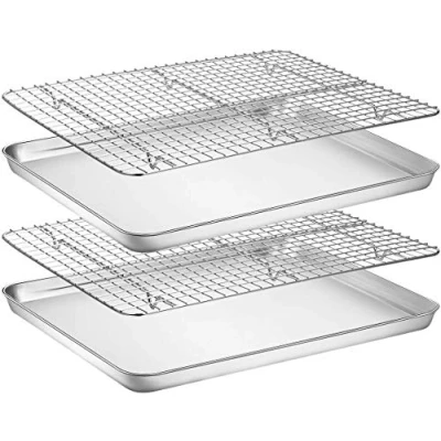 Image of Umiten Baking Sheet &amp; Rack [2 + 2 Rack], Stainless Steel Cookie Pan with Cooling Rack, Checkered Oven Safe Baking, Non Toxic, Heavy Duty, Easy Clean (16 x 12 1 inch)