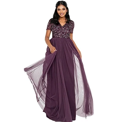 Image of Maya Deluxe Women&#039;s Ladies Dress for Wedding Guest Plus Size Empire High Waist Sequins Short Sleeve Evening Bridesmaid, Berry, 10