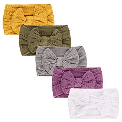 Image of DRESHOW 5 Pack Baby Girl Nylon Headbands Newborn Infant Toddler Hairbands and Bows Child Hair Accessories