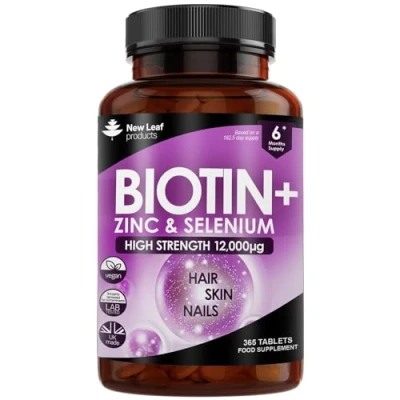 Image of Biotin Hair Growth Vitamins 12,000mcg 365 D Tablets Enriched with Zinc &amp; Selenium Vegan Skin Nails for Women and Men High Strength UK Made by New Leaf