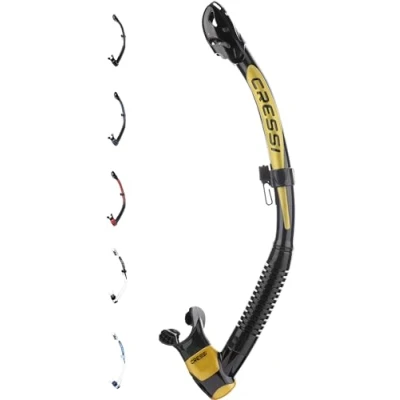 Image of Cressi Itaca Ultra Dry Snorkel for Free Diving and Snorkeling, Black/Gold, One Size, Unisex Adult