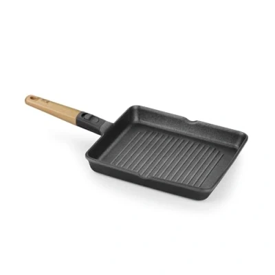 Image of BRA Market Grill Stripes 28 cm, Die Cast Aluminum, Detachable Handle, Natural Wood, Non Stick Three Layer PFOA Free, Suitable for All H