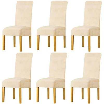 Image of LANSHENG Stretchy Chair Covers for Dining Room Chairs,Stretch Spandex with Elastic Band Chaircover,Velvet Large Slipcovers Restaurant Hotel Party Banquet (Beige,6 Pack(M))