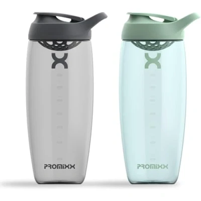 Image of Promixx PURSUIT Protein Shaker Bottle 2 Pack Premium Sports Blender Bottles for Mixes and Supplement Shakes Graphite Gray, Seagrass Green, 950ml