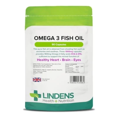 Image of Lindens Omega 3 Fish Oil Capsules 90 Pack 3,000mg Daily Intake UK Made Supports Normal Function of Healthy Heart, Brain &amp; Eyes GMP Letterbox Friendly