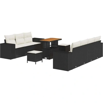 Image of vidaXL 10 Piece Garden Sofa Set with Cushions Black Poly Rattan Acacia