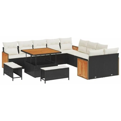 Image of vidaXL 13 Piece Garden Sofa Set with Cushions Black Poly Rattan Acacia