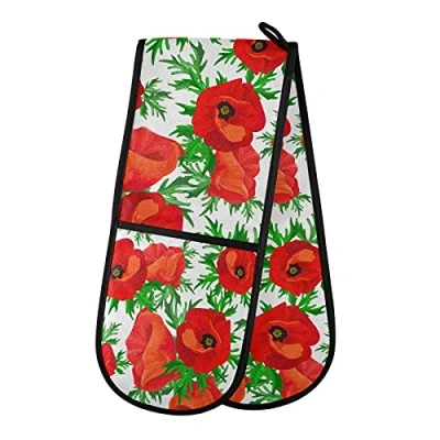 Image of PUXUQU Oven Gloves Double Mitts Gloves, Floral Red Poppy Leaves Heat Resistant for Baking BBQ Kitchen Cooking