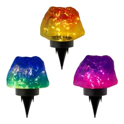 Image of GardenKraft 11339 Set of 3 Stone Solar Lights/Energy Efficient Micro LEDs/Indoor &amp; Outdoor Lights/Includes Secure Ground Stake