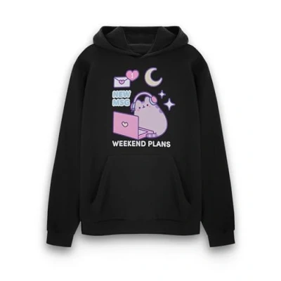 Image of Pusheen Womens Hoodie Ladies Weekend Plans Graphic Hooded Sweatshirt in Black Cat Kitten Laptop New Msg Love Hearts Apparel Sweater Internet Cartoon Merchandise Gift