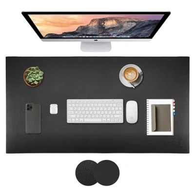 Image of Smart Desk Pad 80 x 40 cm Large Mat in PVC Leather Office Writing Protection, Double Sided, Black
