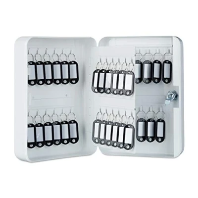 Image of Relaxdays Metal Cabinet, Lockable, 48 Hooks with Key Tags, HWD 25x18x7.5 cm, White, One Size