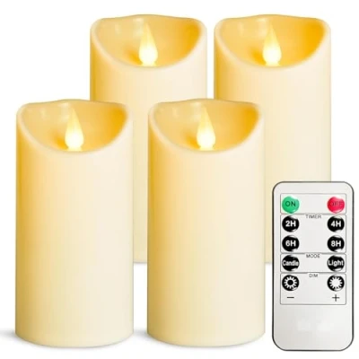 Image of YIWER Flameless LED Candles,Outdoor Indoor Battery Operated Flickering Candles with Remote Timers,Won&#039;t Melt,Ivory Plastic Candle D3.15&quot; x H6&quot; for Party Christmas Valentine&#039;s Day（4 pcs