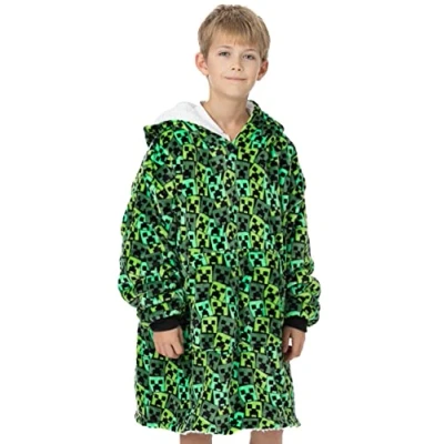 Image of Minecraft Boys Oversized Blanket Hoodie Creeper Villain Enemy Double Lined Sherpa Fleece Green Sweater One Size Big Pocket
