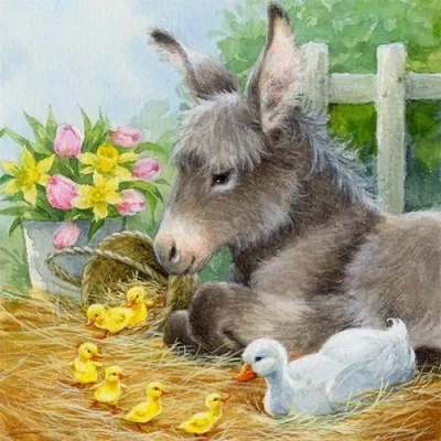 Image of Serviettenshop 20 Napkins Animal Motifs Donkey with Chick as Table Decoration Paper Motif for Spring Also Decoupage and 33 x cm