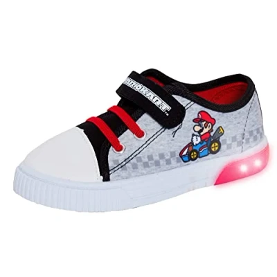 Image of Super Mario Boys Light Up Canvas Trainers KDS Kart Pumps with Flashing Lights White 8 UK Child