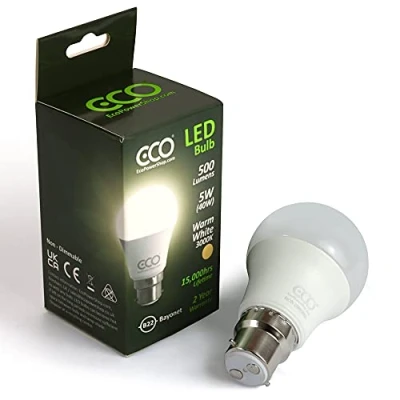 Image of ECO 40W 2 Pin Bayonet B22 Energy Saving LED Light Bulb, Low 5W LED, Bright 500 Lumens, 15,000Hrs Lifetime.
