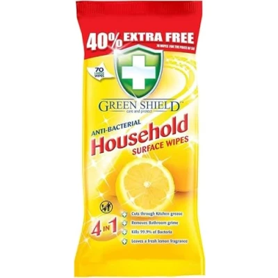 Image of Greenshield, Large Antibacterial Household Surface Cleaning Wipes, Lemon, 70 Count