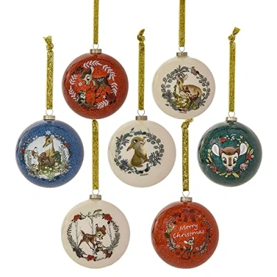Image of Widdop Disney Bambi &amp; Enchanted Forest Friends Set of 7 Glitter Christmas Tree Baubles