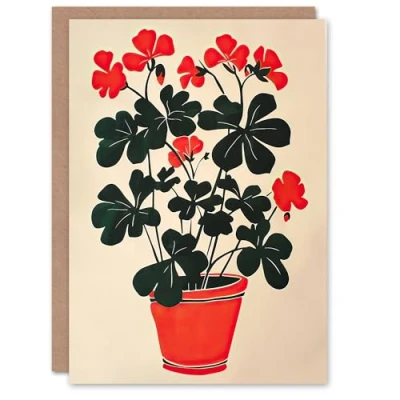 Image of Artery8 Greeting Card Geranium Potted Plant Lover Red Green Painting Blank For Him Or Her Art Birthday