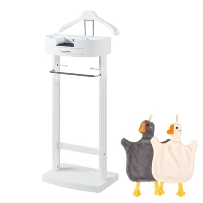 Image of Wooden Clothes Valet, Floor Standing Valet Stand, Solid Wood Suit Hanger, for Men&#039;s or Women&#039;s Clothes, 43.1 x 34.2 106.6 cm, Free Coat Stand (White)