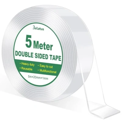 Image of Bolatus 5m/16.4FT Double Sided Tape Heavy Duty, Strong Sticky Tape, Carpet Clear Nano for Office Home Kitchen Party Car（1 Roll）