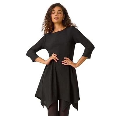 Image of Roman Originals Hanky Hem Swing Dress with Pockets for Women UK Ladies Asymmetric Hemline Stretch Jersey 3/4 Sleeve Winter Smart Casual Work Office Knee Length Tunics Noir Size 12