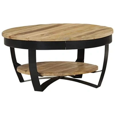 Image of vidaXL Industrial Solid Rough Mango Wood Coffee Table with Shelf and Steel Base, No Assembly Required