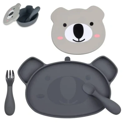 Image of TUM Baby Dinner Set for Weaning Designed with Feeding Specialist Includes Silicone Divided Suction Plate, Lidded Bowl and Cutlery 6m+ Dishwasher Safe, BPA Free Kev Koala Grey