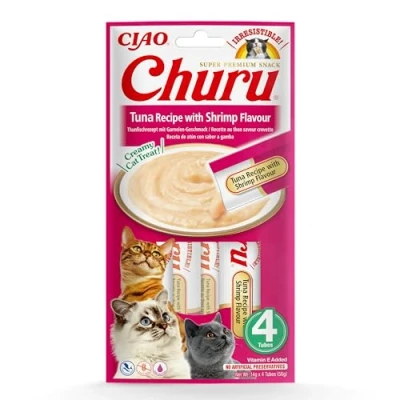 Image of Ciao Churu Sticks by INABA Cat Treat Tuna &amp; Shrimp (4 x 14g) / Soft Creamy Treat, Delicious Healthy Snack, Squeezable Purée Food Topper, Pill Assist, Natural, Grain Free
