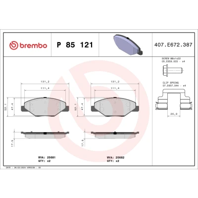 Image of JZW698302CB brake pad set BREMBO P 85 121 excl. wear warning contact with caliper screws accessories SKODA: Fabia 2, III Hatchback