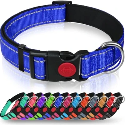 Image of Taglory Reflective Nylon Dog Collar with Safety Buckle, Adjustable Pet Collars Soft Neoprene Padding for Puppy Dogs, XS, Navy Blue