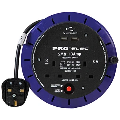 Image of Pro Elec PEL00801 13A 2 Gang Cassette Reel mains Extension with 2x USB Charging Ports, 5 m