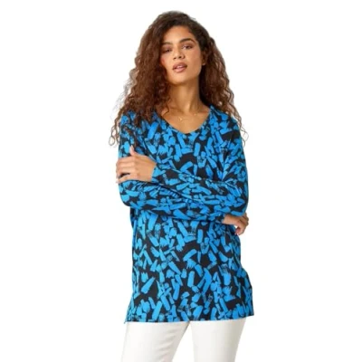 Image of Roman Womens Abstract Print Tunic Stretch Top Blue Size 12 UK