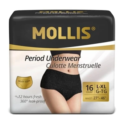 Image of MOLLIS Disposable Period Pants for Women, Postpartum Underwear, Maternity Knickers Heavy Flow Leak Proof, Black, Large/X Large, 16 Count