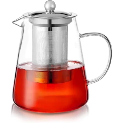 Image of PluieSoleil Clear Glass Teapot with Infuser, Round Shape Infuser Tea Pot, Heat Resistant Borosilicate Strainer Teapot, Stovetop Safe Maker 950ML (950ML)