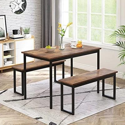 Image of Kitchen Dining Table and 2 Bench Set, Garden Home Furniture Set Room Furniture, Solid &amp; Sturdy Metal Frame Industrial, Rustic Brown