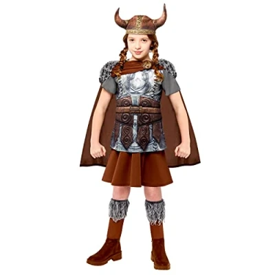 Image of Amscan 9916057 Girls Curriculum Viking Queen Deluxe Historical Costume, Brown, 6 8 Years