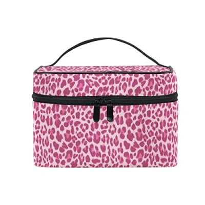 Image of Makeup Bag, Pink Leopard Print Cosmetic Toiletry Storage Organiser Case Large Travel Handle Personalised Pouch with Compartments Valentines Women Day Gift for Teenage Girl Lady